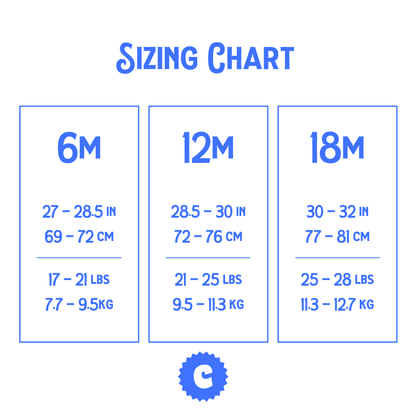  Chunky Deli sizing chart for baby onesies, providing dimensions in inches and centimeters for 6, 12, and 18 months, along with corresponding weight ranges in pounds and kilograms.