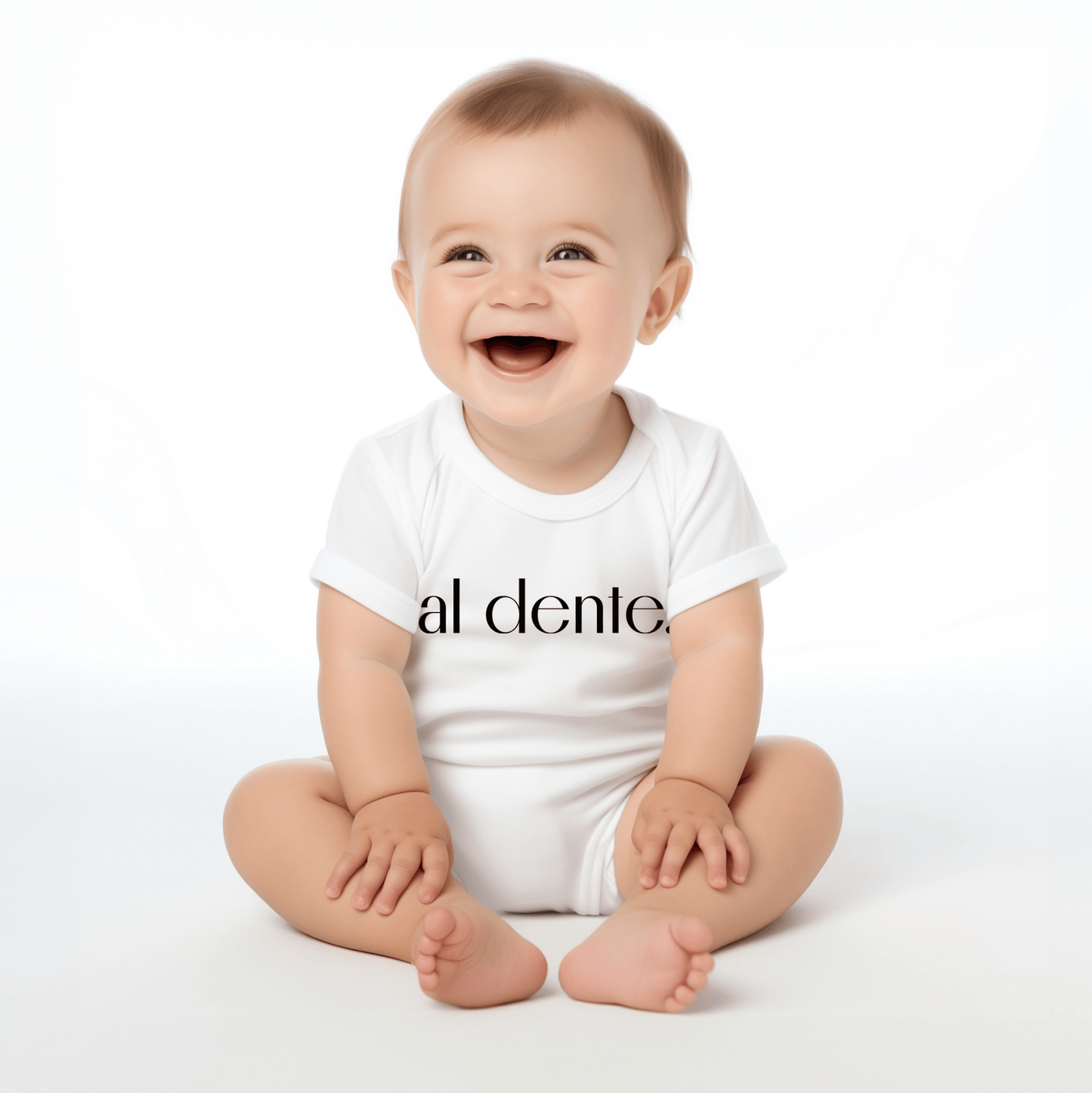 Chunky Deli product image: Happy, smiling baby wearing the "Al Dente" onesie, showcasing the short sleeves, envelope shoulder, and graphic design across the chest. White background.