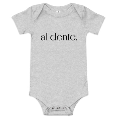 Product display image of the "Al Dente" baby onesie in grey cotton, laid flat on a white background. Chunky Deli product image.