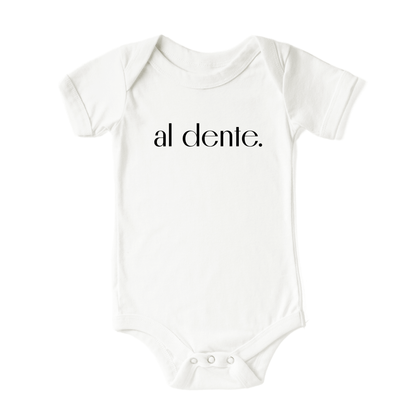  Product display image of the "Al Dente" baby onesie in natural cotton, laid flat on a white background. Chunky Deli product image.