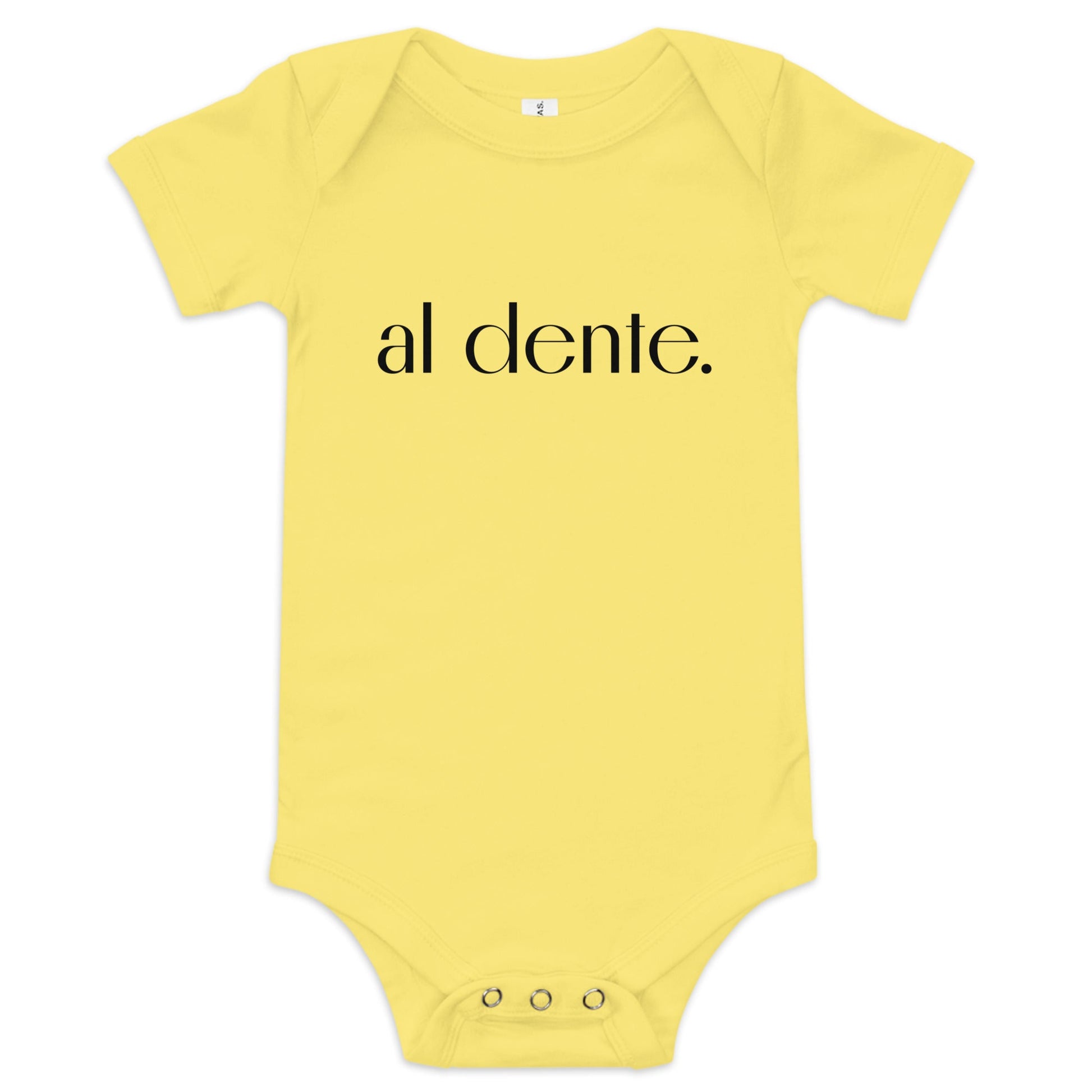 Product display image of the "Al Dente" baby onesie in yellow cotton, laid flat on a white background. Chunky Deli product image.