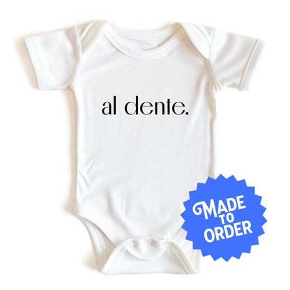  Product display image of the "Al Dente" baby onesie in natural cotton, laid flat on a white background. Chunky Deli product image.