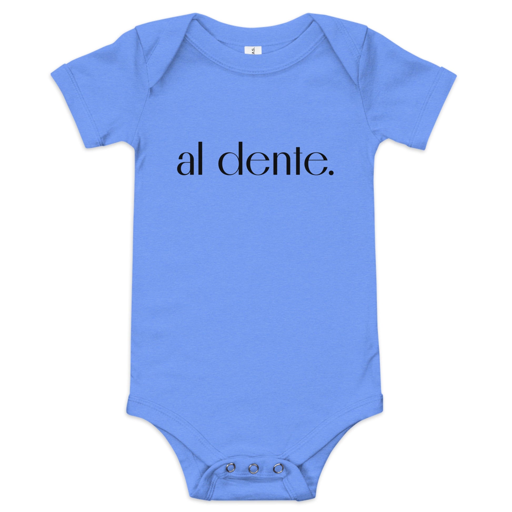 Product display image of the "Al Dente" baby onesie in blue cotton, laid flat on a white background. Chunky Deli product image.