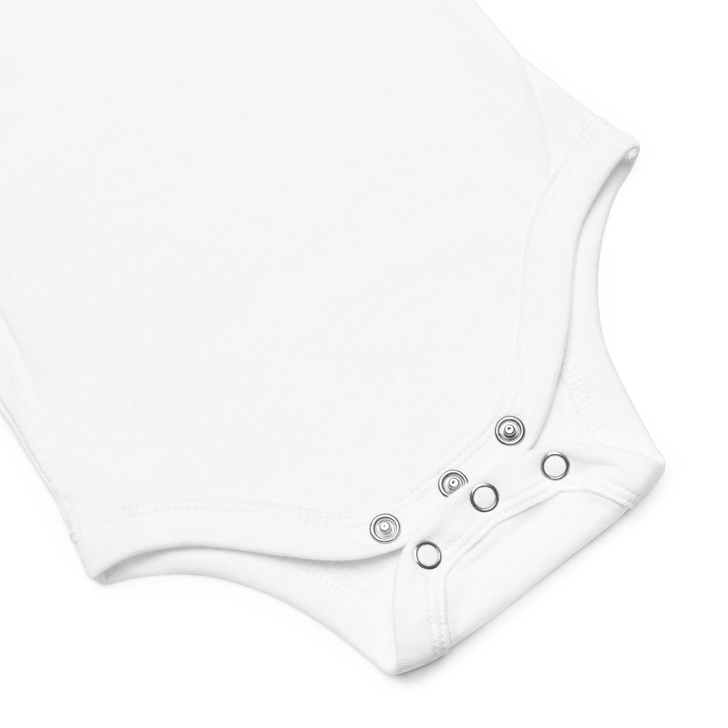 Chunky Deli product image: This shows the 3 snap closure on the baby bodysuit onesie up close. White onesie laid flat on a white background.