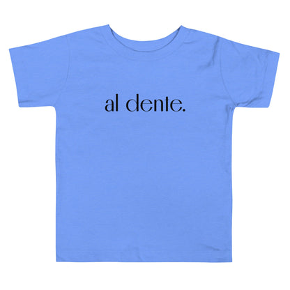 Chunky Deli product image: Blue "Al Dente" kids' t-shirt laid flat on the ground with the graphic text "Al Dente" across the front.