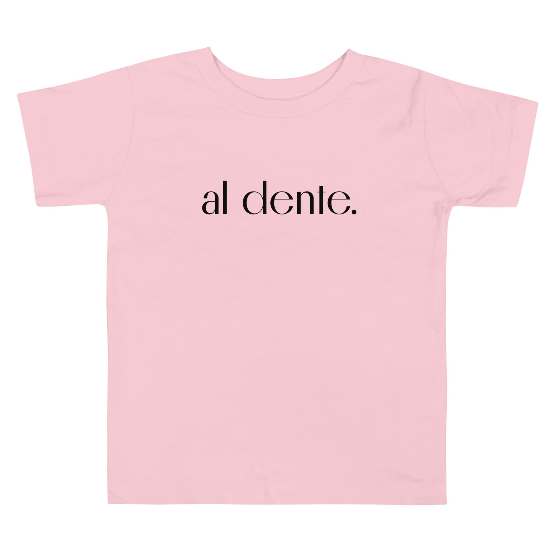 Chunky Deli product image: Pink "Al Dente" kids' t-shirt laid flat on the ground with the graphic text "Al Dente" across the front.