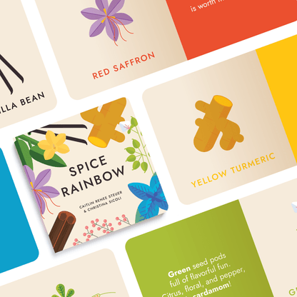 Chunky Deli product image: "Spice Rainbow" cover and interior spreads showcased in a grid format, featuring illustrations of spices like saffron and turmeric.