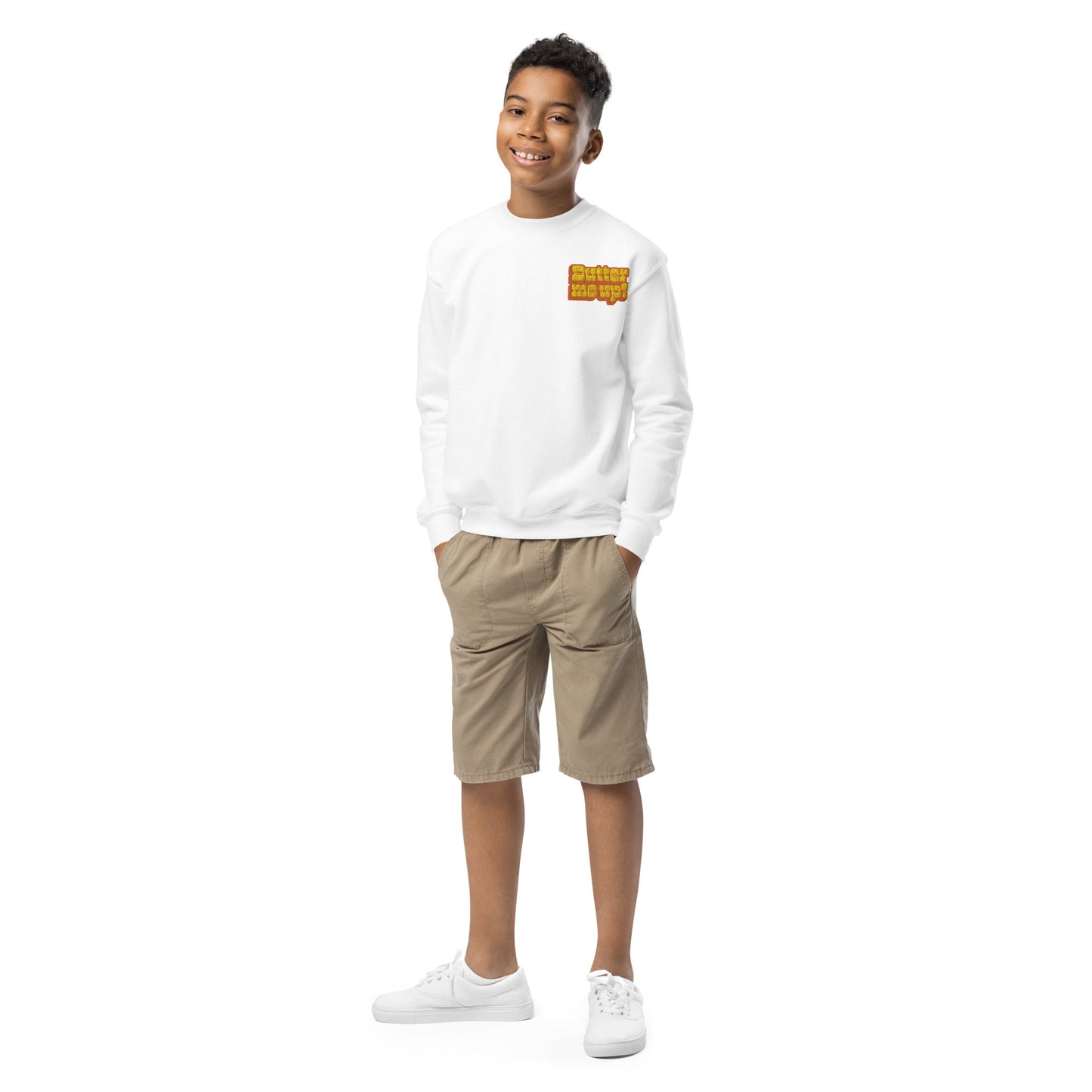 Chunky Deli product image: Man wearing a black "Butter Me Up" sweatshirt with the text "Butter Me Up" printed in orange and red across the chest. He is wearing shorts and white tennis shoes and standing in front of a white background.