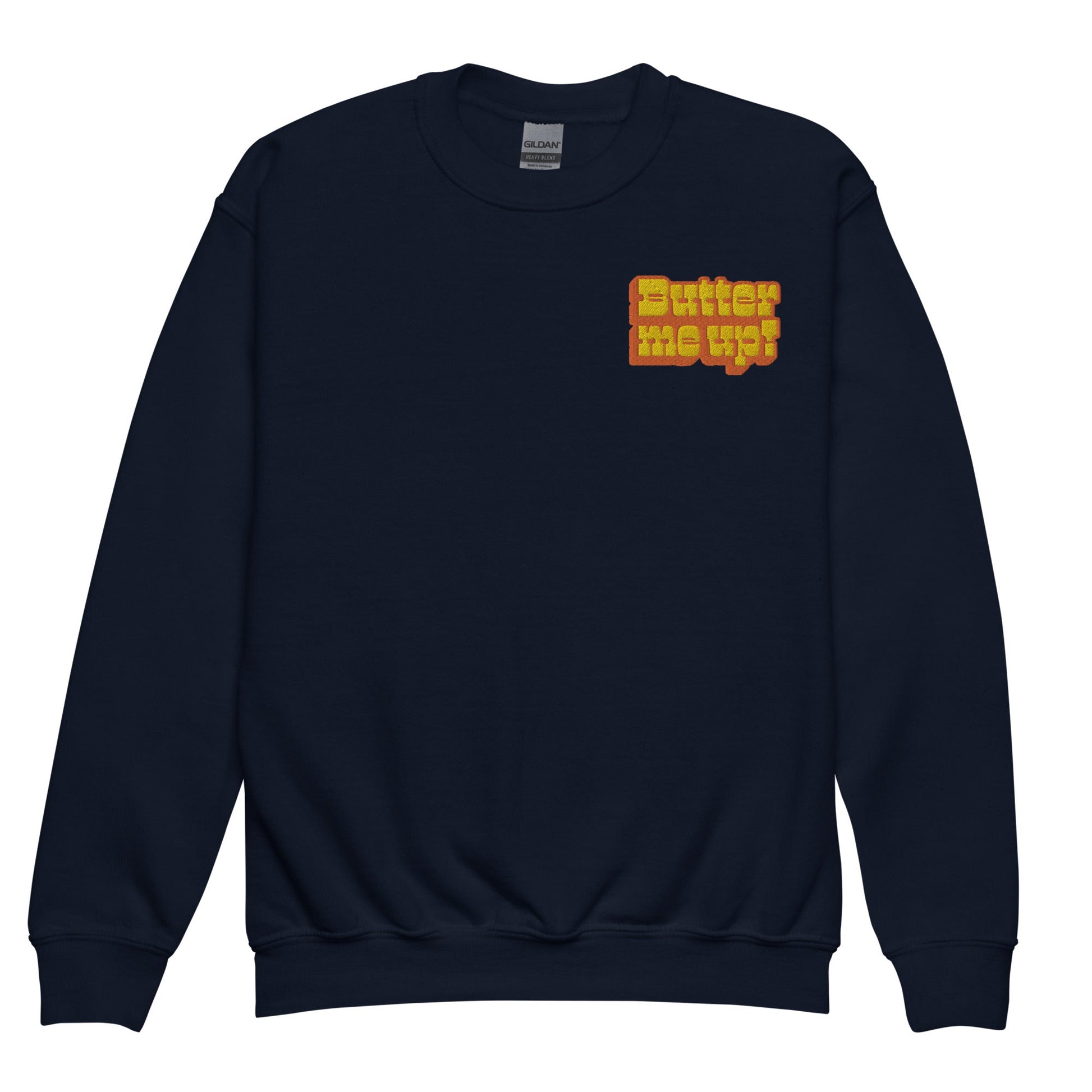 Chunky Deli product image: "Butter Me Up" pullover sweatshirt (soft fleece fabric, black color) laid flat on a white background, showcasing the long sleeves and the text "Butter Me Up" printed in orange and red across the chest.