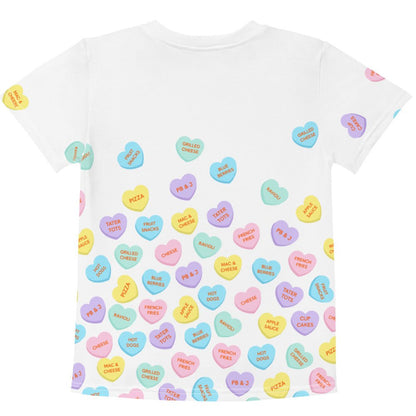 Chunky Deli product image: White kids' t-shirt with a "Candy Hearts" design featuring various food illustrations on candy hearts scattered across the shirt.