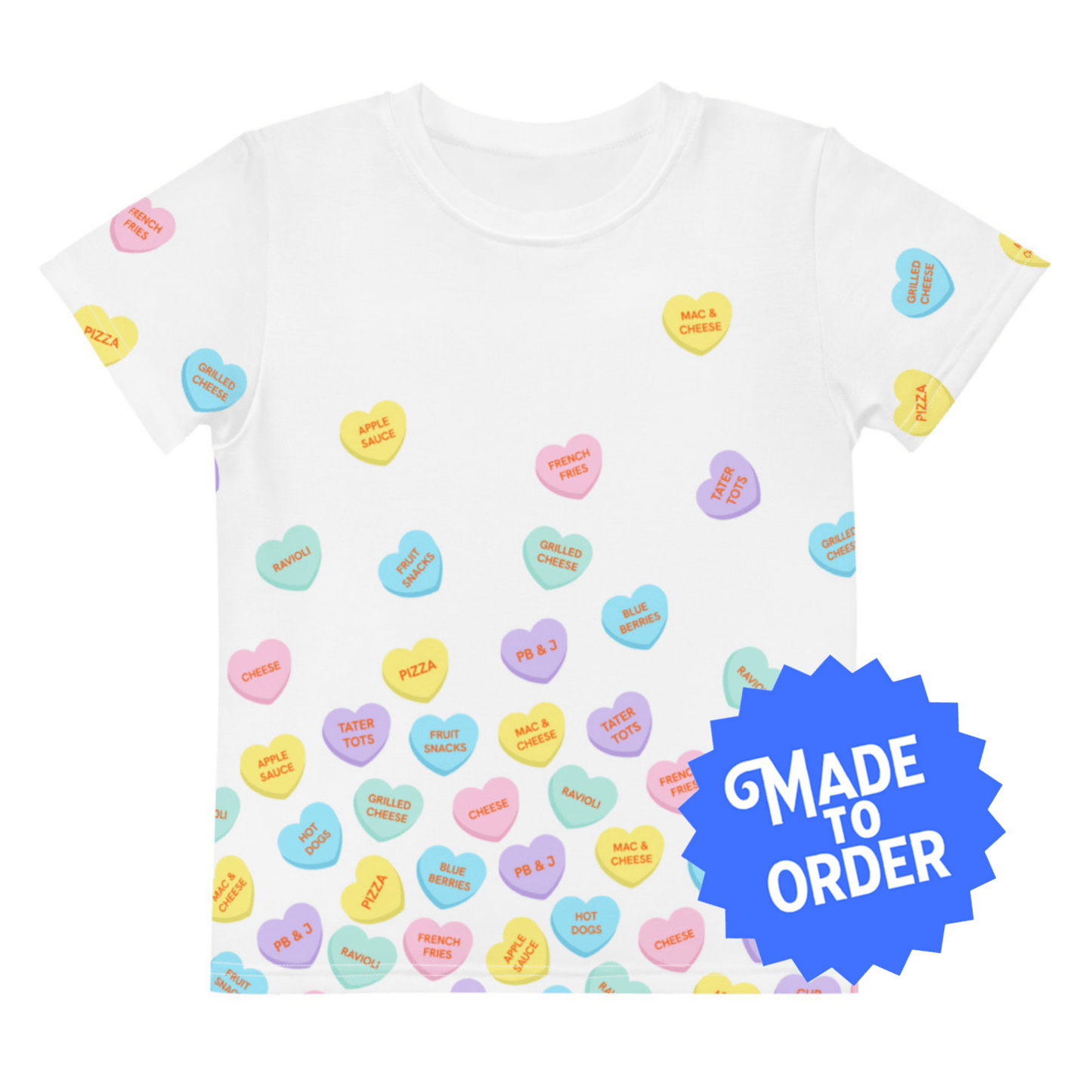 Chunky Deli product image: White kids' t-shirt with a "Candy Hearts" design featuring various food illustrations on candy hearts scattered across the shirt.