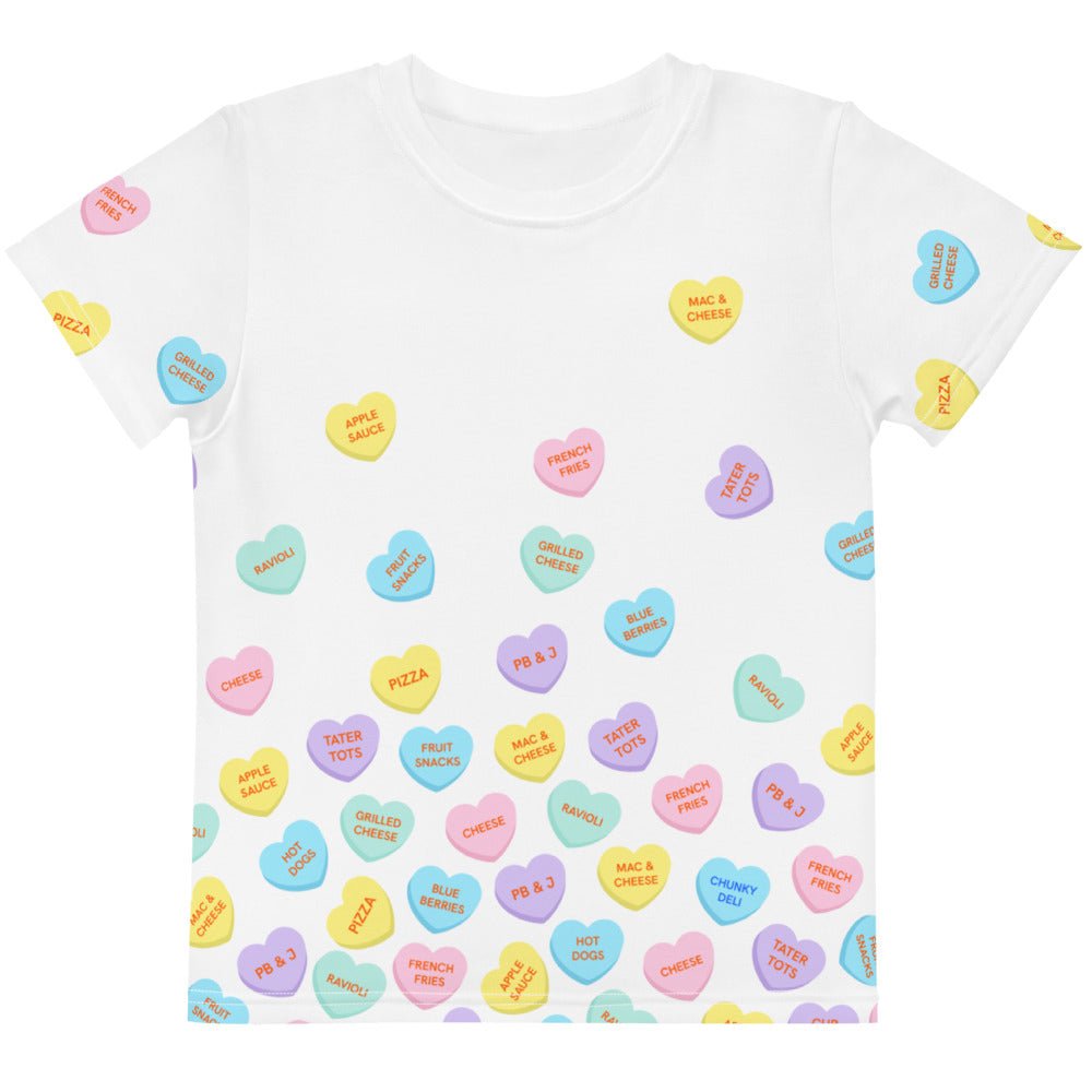 Chunky Deli product image: White kids' t-shirt with a "Candy Hearts" design featuring various food illustrations on candy hearts scattered across the shirt.