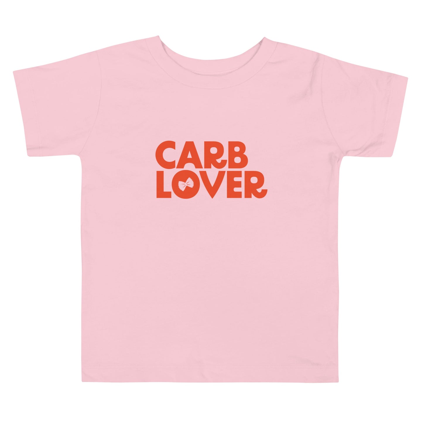 Chunky Deli product image: Pink-colored "Carb Lover" kids and toddler t-short 100% cotton laid flat on a white background.