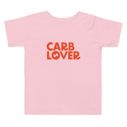 Chunky Deli product image: Pink-colored "Carb Lover" kids and toddler t-short 100% cotton laid flat on a white background.