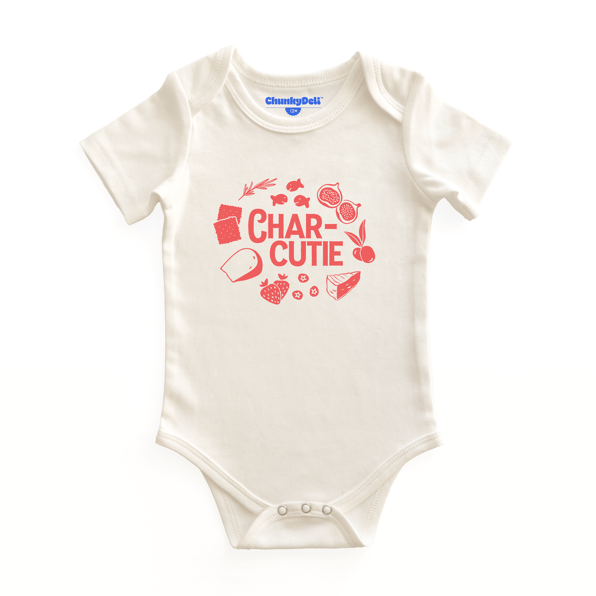 Chunky Deli product image: Natural-colored "Charcutie" onesie, 100% cotton with envelope shoulders and three-snap closure, laid flat on a white background.