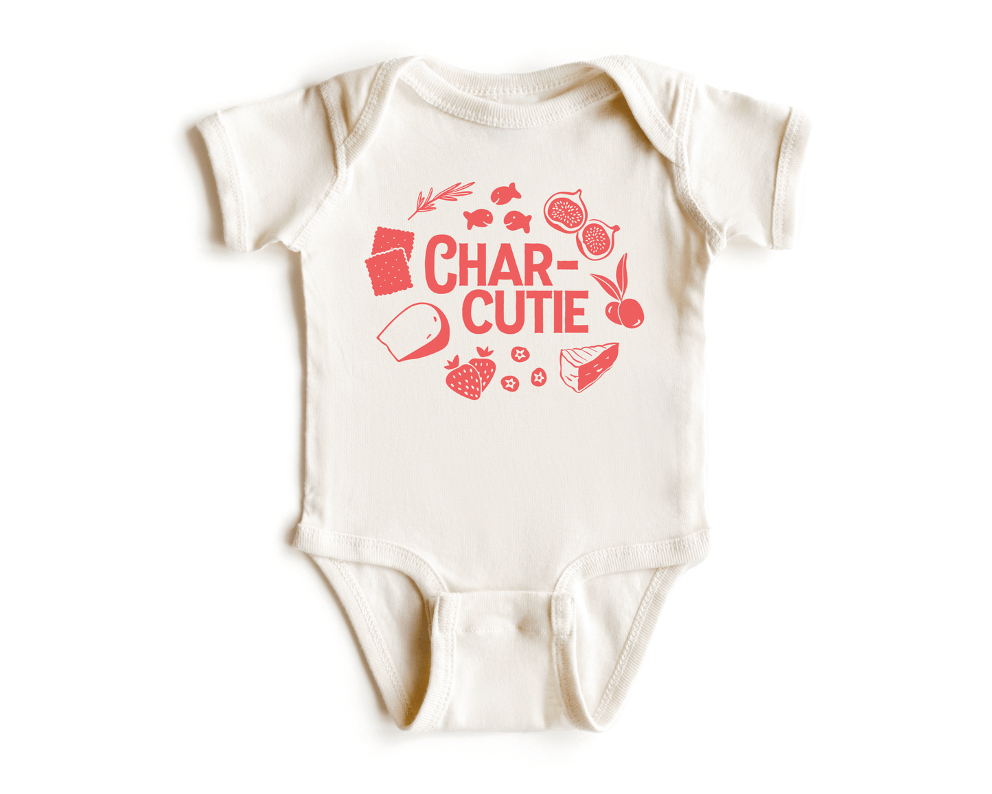 Chunky Deli product image: Natural-colored "Charcutie" onesie, 100% cotton with envelope shoulders and three-snap closure, laid flat on a white background.