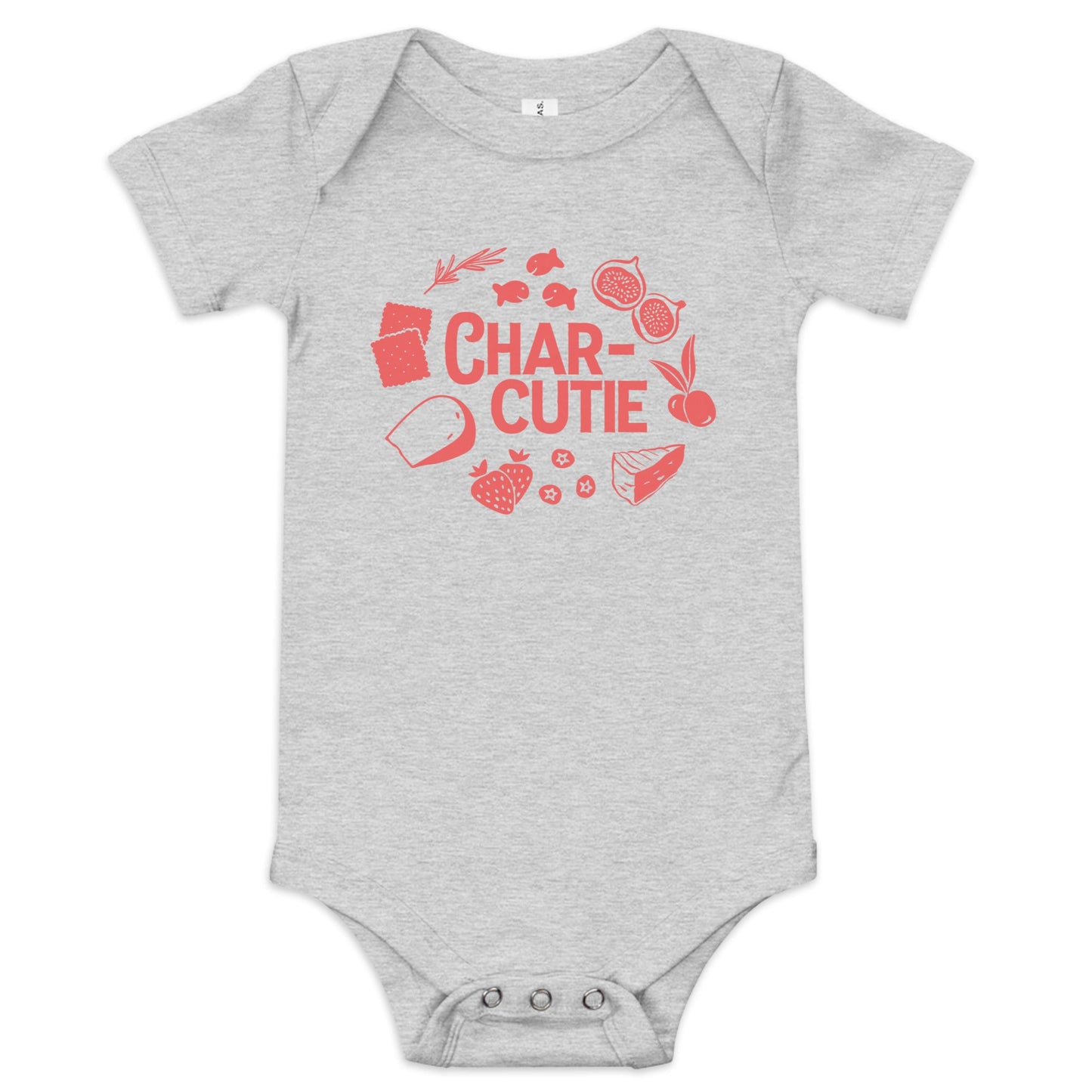 Chunky Deli product image: grey-colored "Charcutie" onesie, 100% cotton with envelope shoulders and three-snap closure, laid flat on a white background.