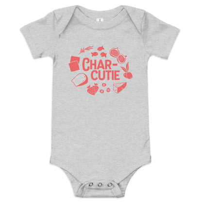 Chunky Deli product image: grey-colored "Charcutie" onesie, 100% cotton with envelope shoulders and three-snap closure, laid flat on a white background.