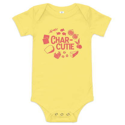 Chunky Deli product image: Yellow-colored "Charcutie" onesie, 100% cotton with envelope shoulders and three-snap closure, laid flat on a white background.