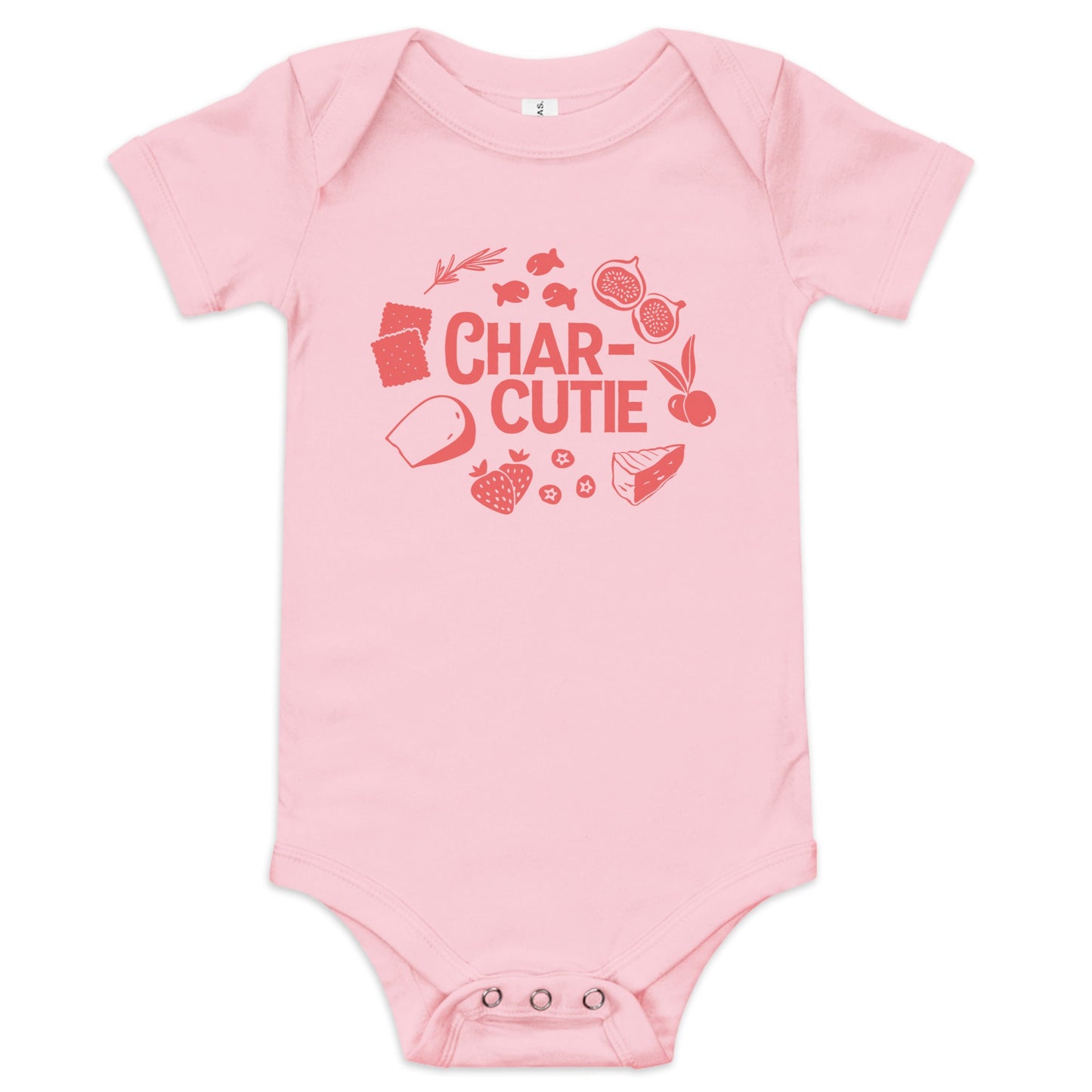 Chunky Deli product image: Pink-colored "Charcutie" onesie, 100% cotton with envelope shoulders and three-snap closure, laid flat on a white background.