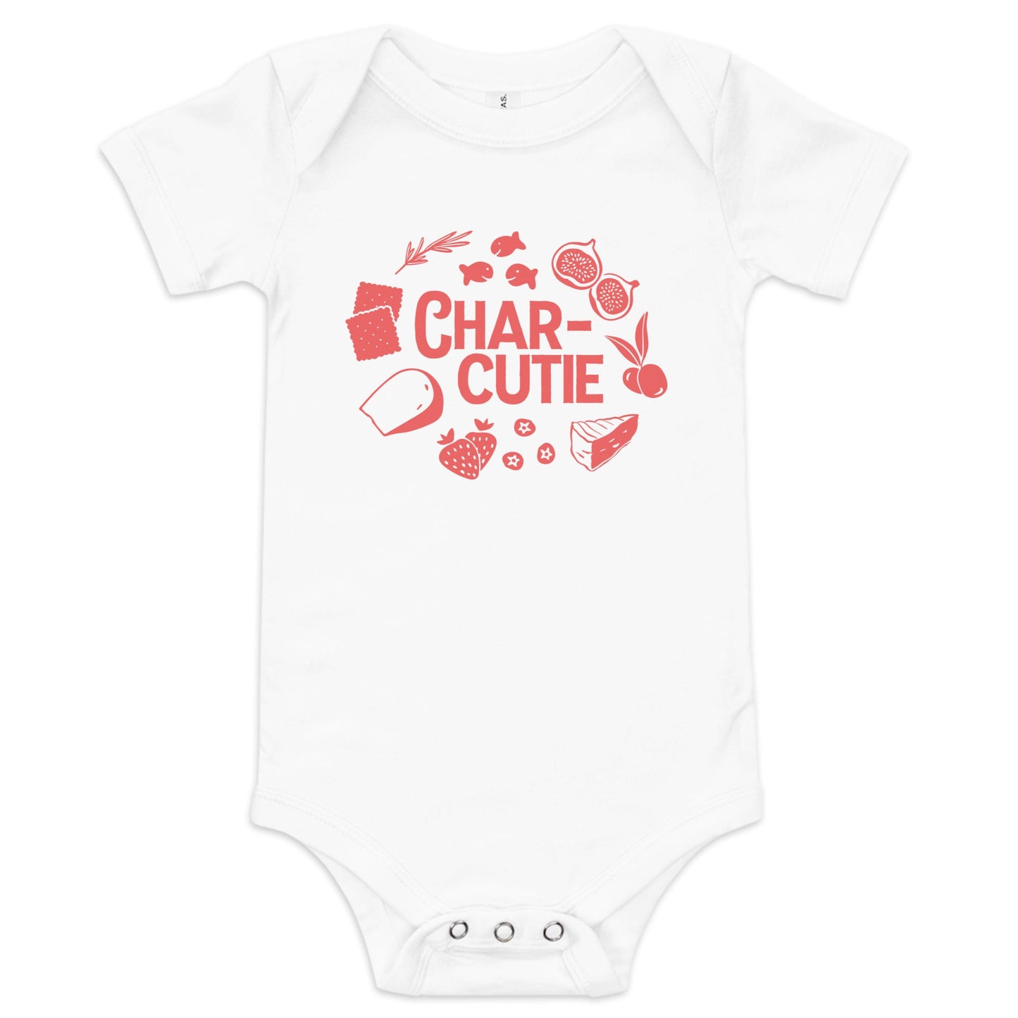 Chunky Deli product image: Natural-colored "Charcutie" onesie, 100% cotton with envelope shoulders and three-snap closure, laid flat on a white background.