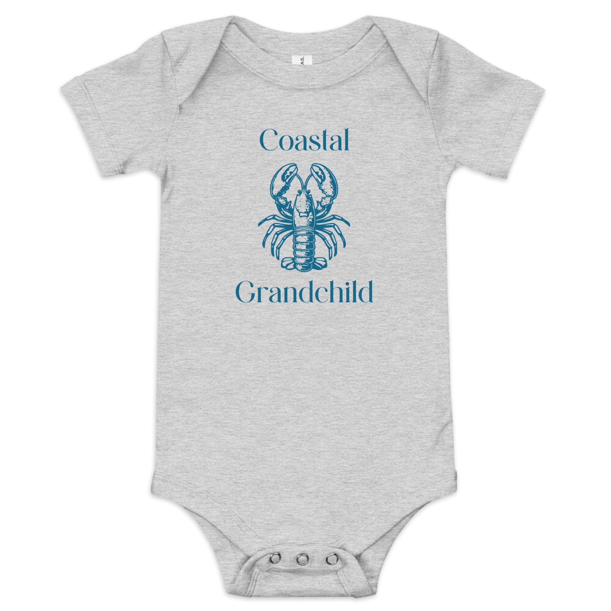 Chunky Deli product image: Grey-colored "Coastal Grandchild" with a lobster icon onesie, 100% cotton with envelope shoulders and three-snap closure, laid flat on a white background.