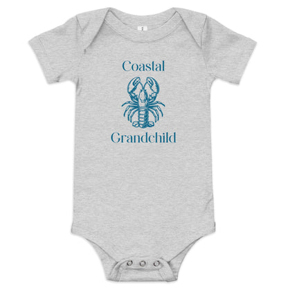 Chunky Deli product image: Grey-colored "Coastal Grandchild" with a lobster icon onesie, 100% cotton with envelope shoulders and three-snap closure, laid flat on a white background.