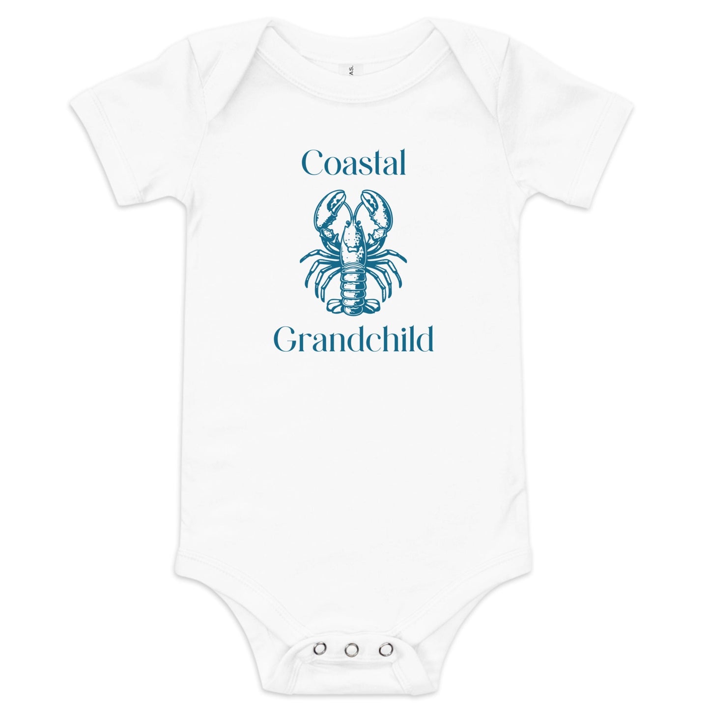 Chunky Deli product image: Natural-colored "Coastal Grandchild" with a lobster icon onesie, 100% cotton with envelope shoulders and three-snap closure, laid flat on a white background.