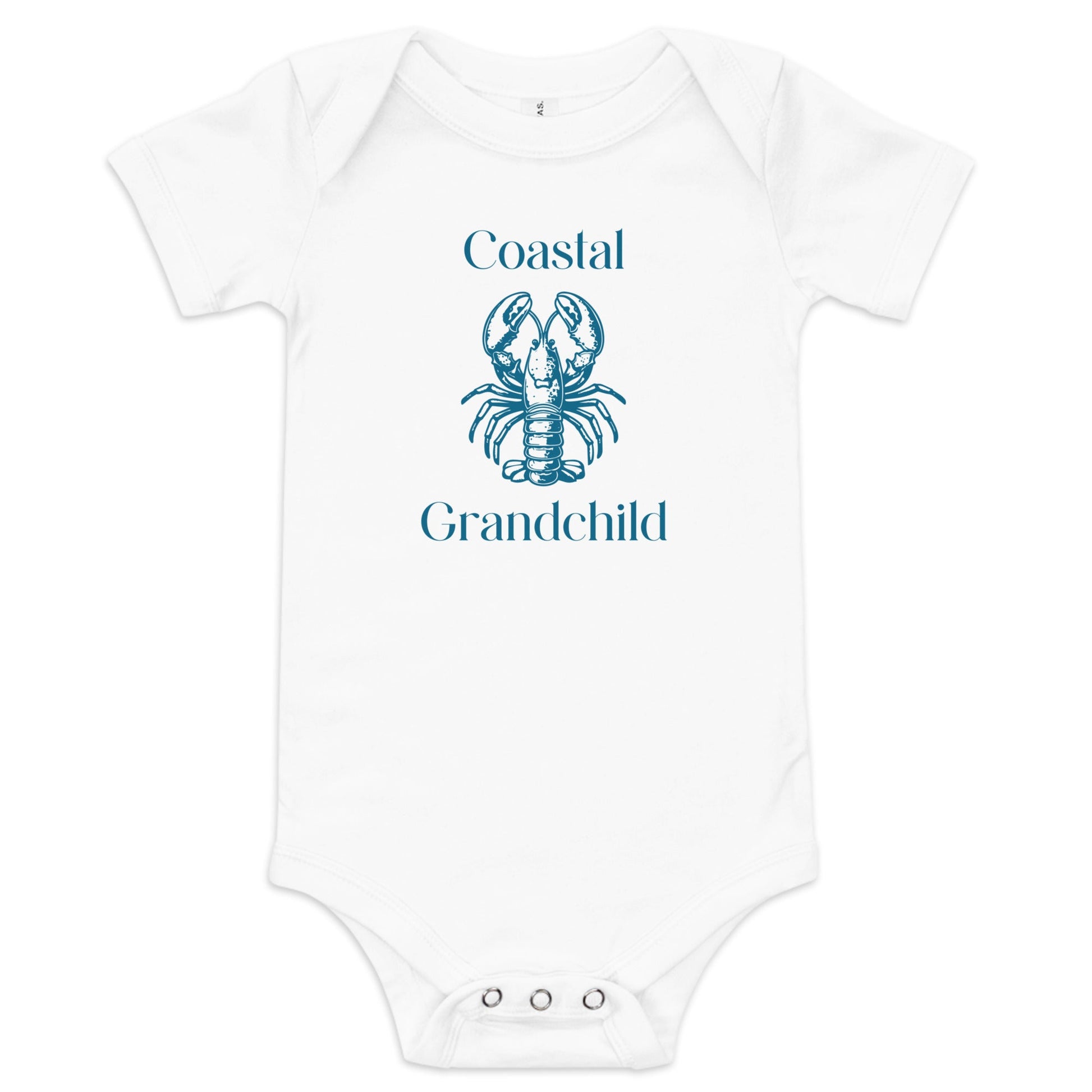 Chunky Deli product image: Natural-colored "Coastal Grandchild" with a lobster icon onesie, 100% cotton with envelope shoulders and three-snap closure, laid flat on a white background.