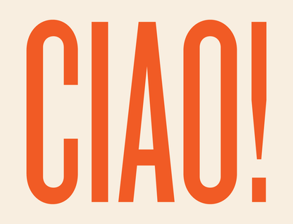 Chunky Deli product image: Close-up of the back of the "Ciao" gift message card, featuring the Italian word "Ciao" in large font on a peach background, laid flat on a white background.