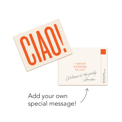 Chunky Deli product image: "Ciao" custom gift note, showing the back with a peach background, CIAO!, and the front with space for a personalized message.