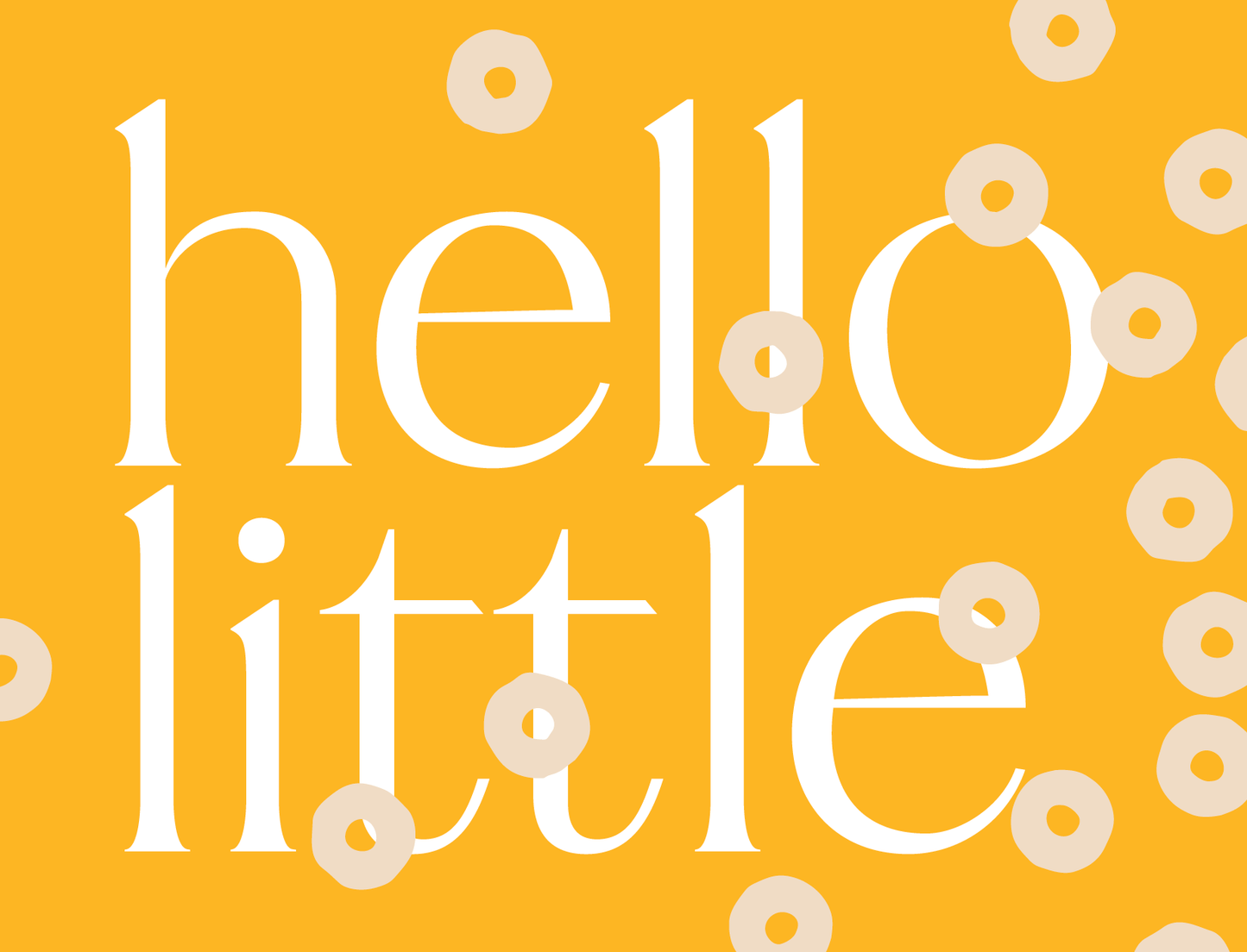 Chunky Deli product image: Yellow greeting card with the text "Hello Little" and tiny Cheerios scattered across the front, laid flat on a white background.