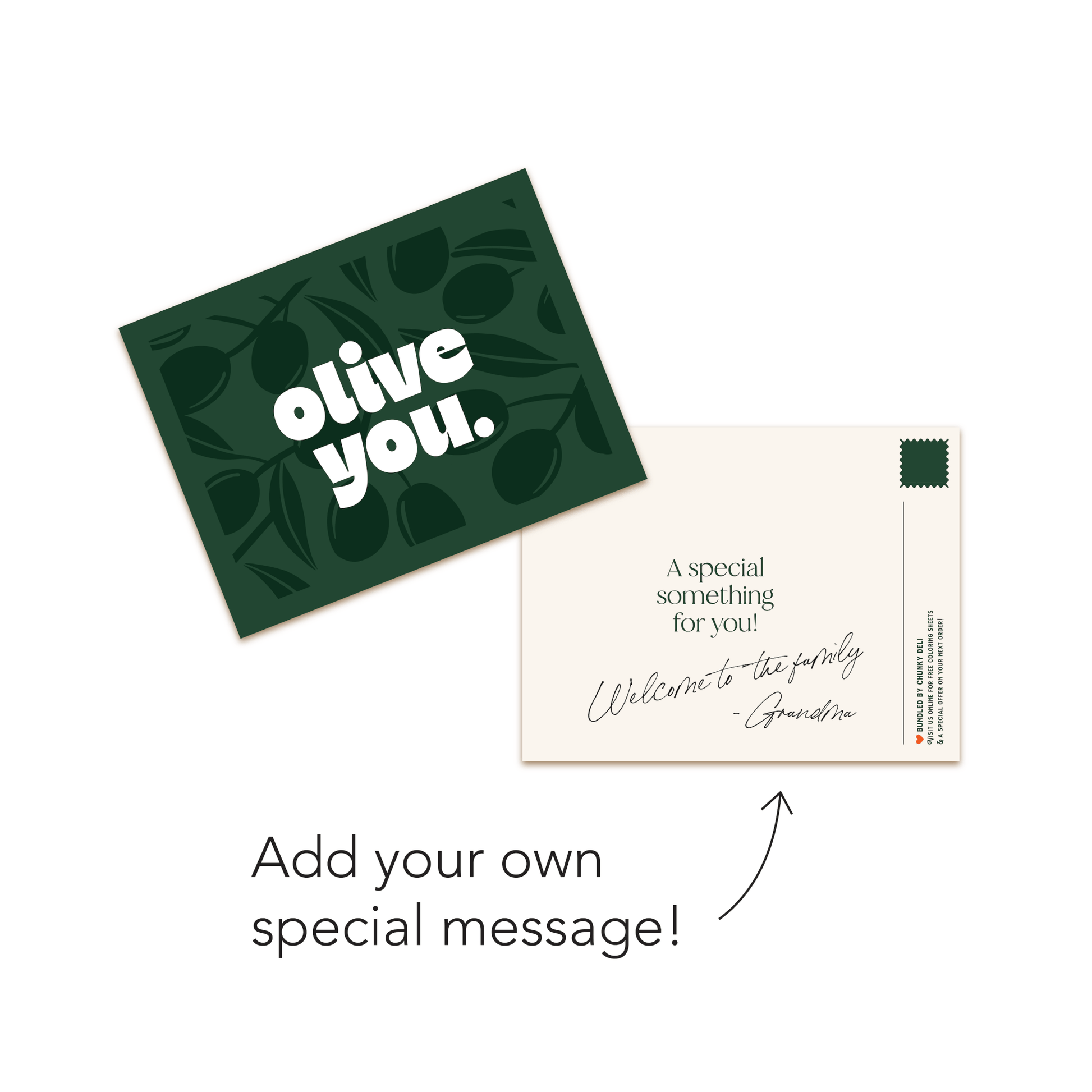 Chunky Deli product image: "Olive You" gift message card, showing the back with a green background and olive fruits, and the front with space for a custom gift note.