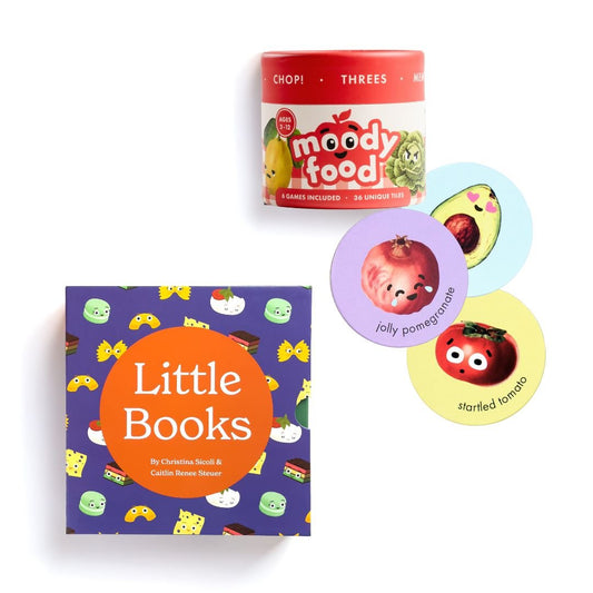 Chunky Deli product image: Bundle of two products: "Little Books Culinary Collection" (box set containing "Little Book of Pasta," "Little Book of Cookies," and "Little Book of Cheese") and the "Moody Food" card game (cylinder container with three example 