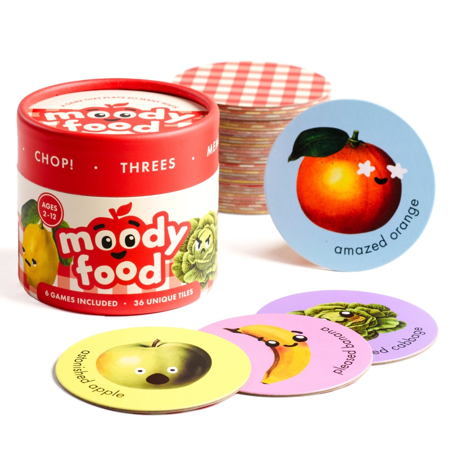 Chunky Deli product image: "Moody Food" card game, featuring a cylinder-shaped game box in the background and a selection of round cards laid in front, showcasing vintage food illustrations with emotions on a checkered background. An apple and an orange c