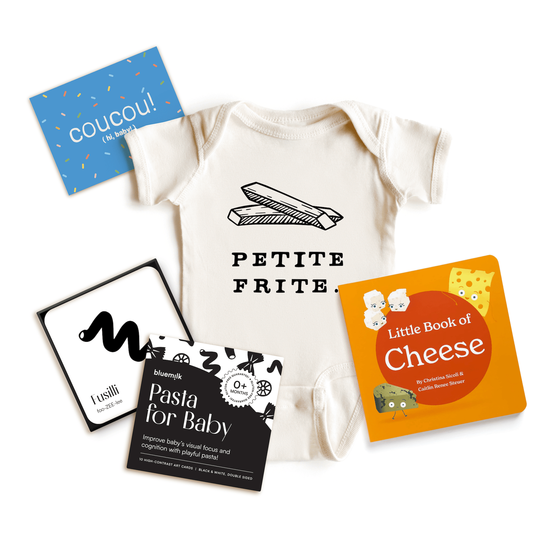 Chunky Deli product image: Foodie Baby Gift Bundle, including the "Petite Free" 100% cotton onesie in natural color, "Little Book of Cheese," "Pasta for Baby" black and white art cards, and a custom gift note with "Coucou" (C-O-U-C-O-U) on the front.