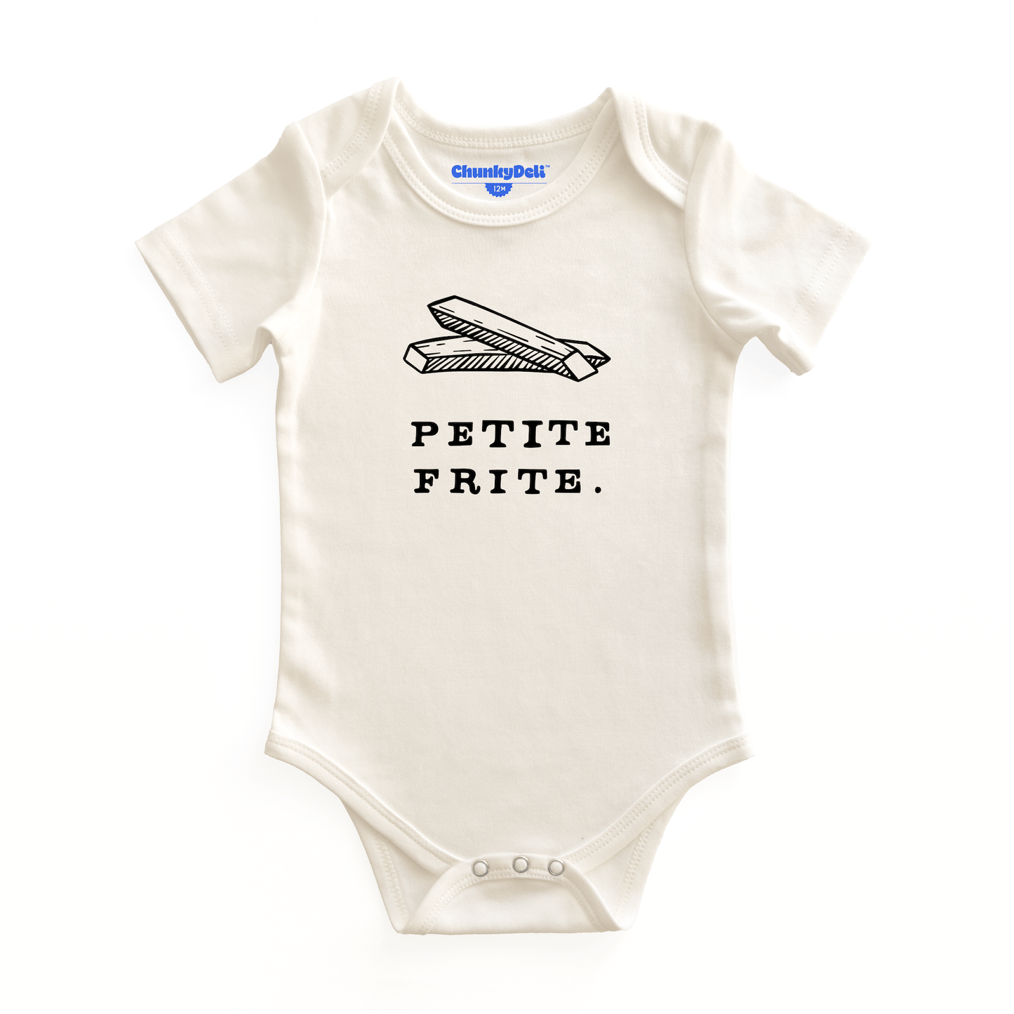 Product display image of the "Petite Frite" baby onesie in natural cotton, laid flat on a white background. Chunky Deli product image.