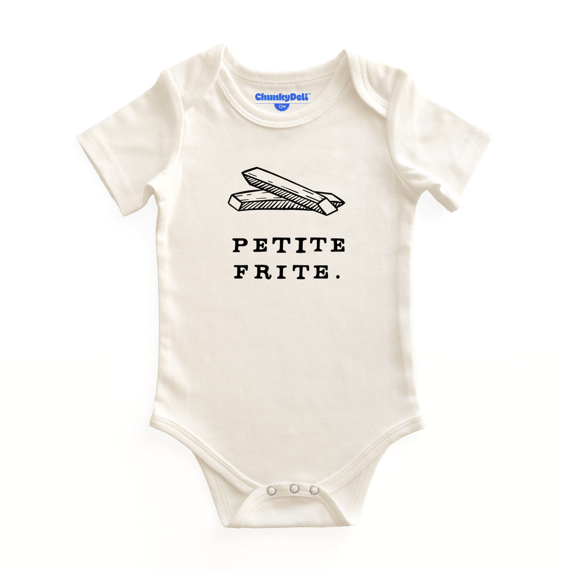 Product display image of the "Petite Frite" baby onesie in natural cotton, laid flat on a white background. Chunky Deli product image.