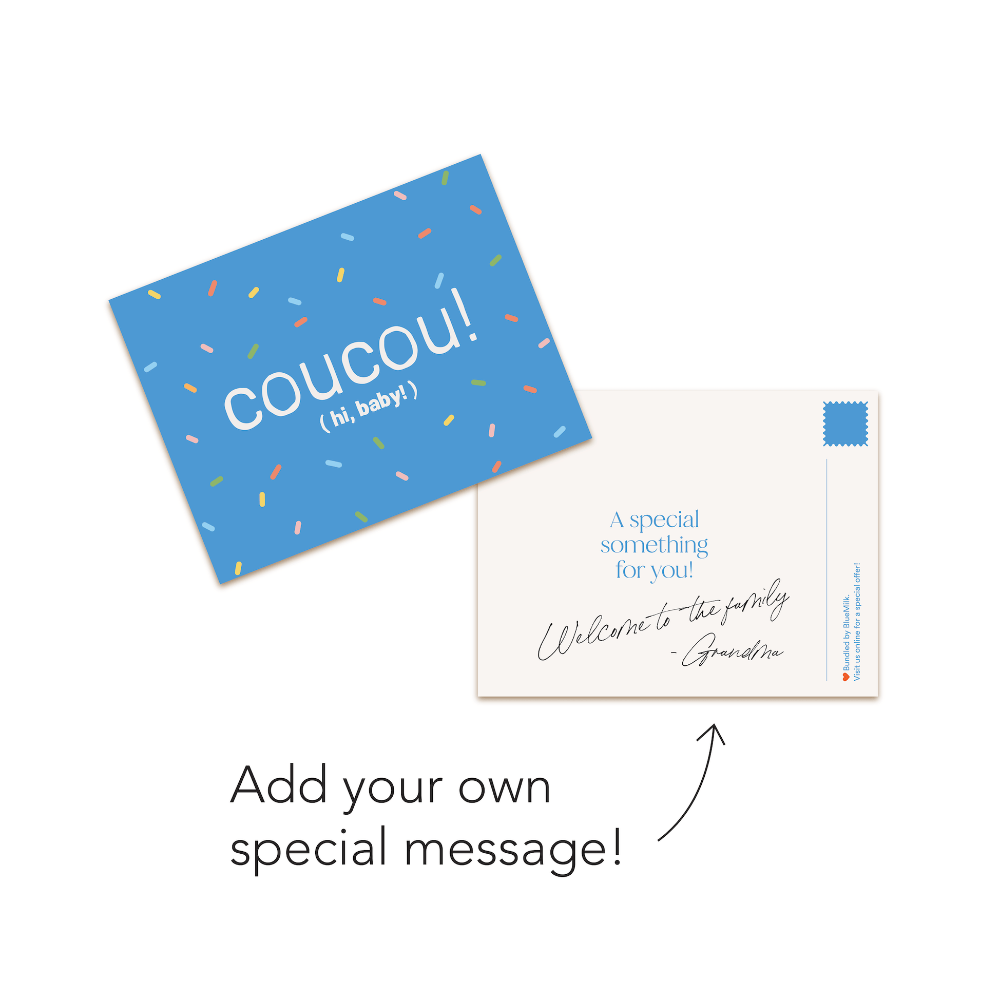 Chunky Deli product image: "Coucou" gift message card, showing the back with a blue background and sprinkles, and the front with space for a custom gift note.