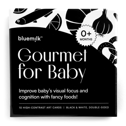  Chunky Deli product image: Close-up of the "Gourmet for Baby" black and white art cards box cover, showcasing the product description and a peek inside at the illustrations included. The box is laid flat against a white background.