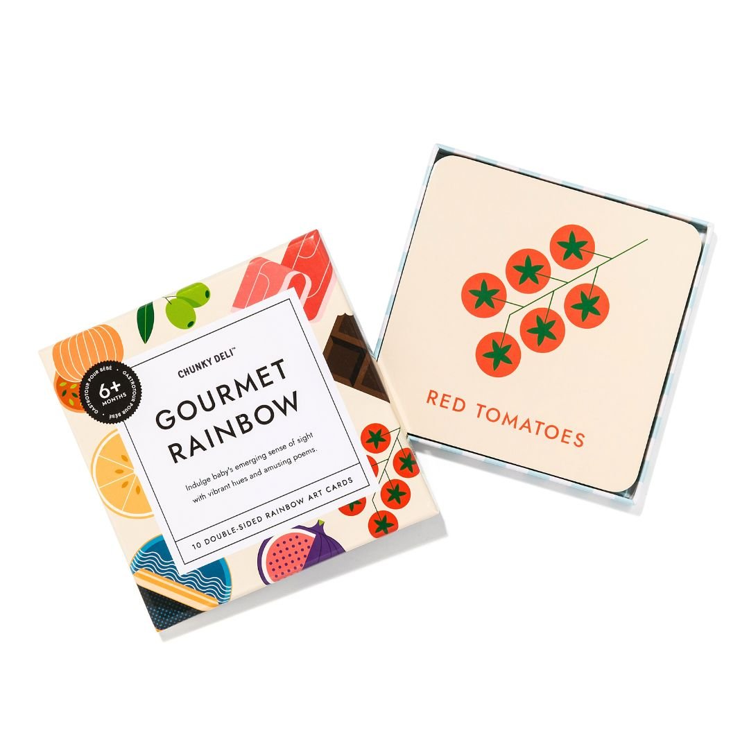  Chunky Deli product photo: "Gourmet for Rainbow" art cards box (open) showcasing the 6x6 inch cards with illustrations and sight word poems. The red tomato card is visible. White background.