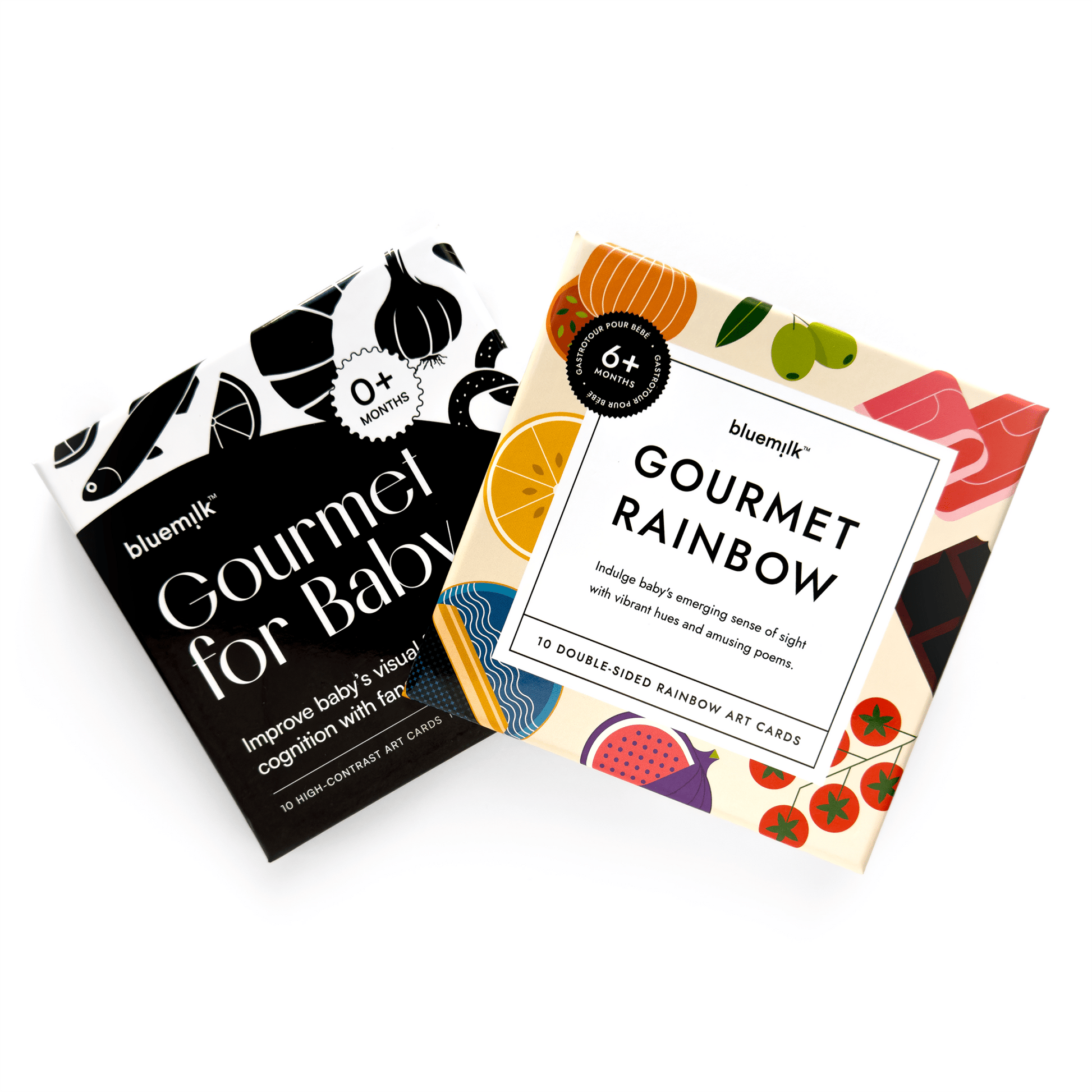 Chunky Deli product image: Set of two Gourmet art card collections: "Gourmet for Baby" (black and white high-contrast cards) and "Gourmet Rainbow" (colorful cards), both designed for infants and young children to stimulate their visual development and ocu