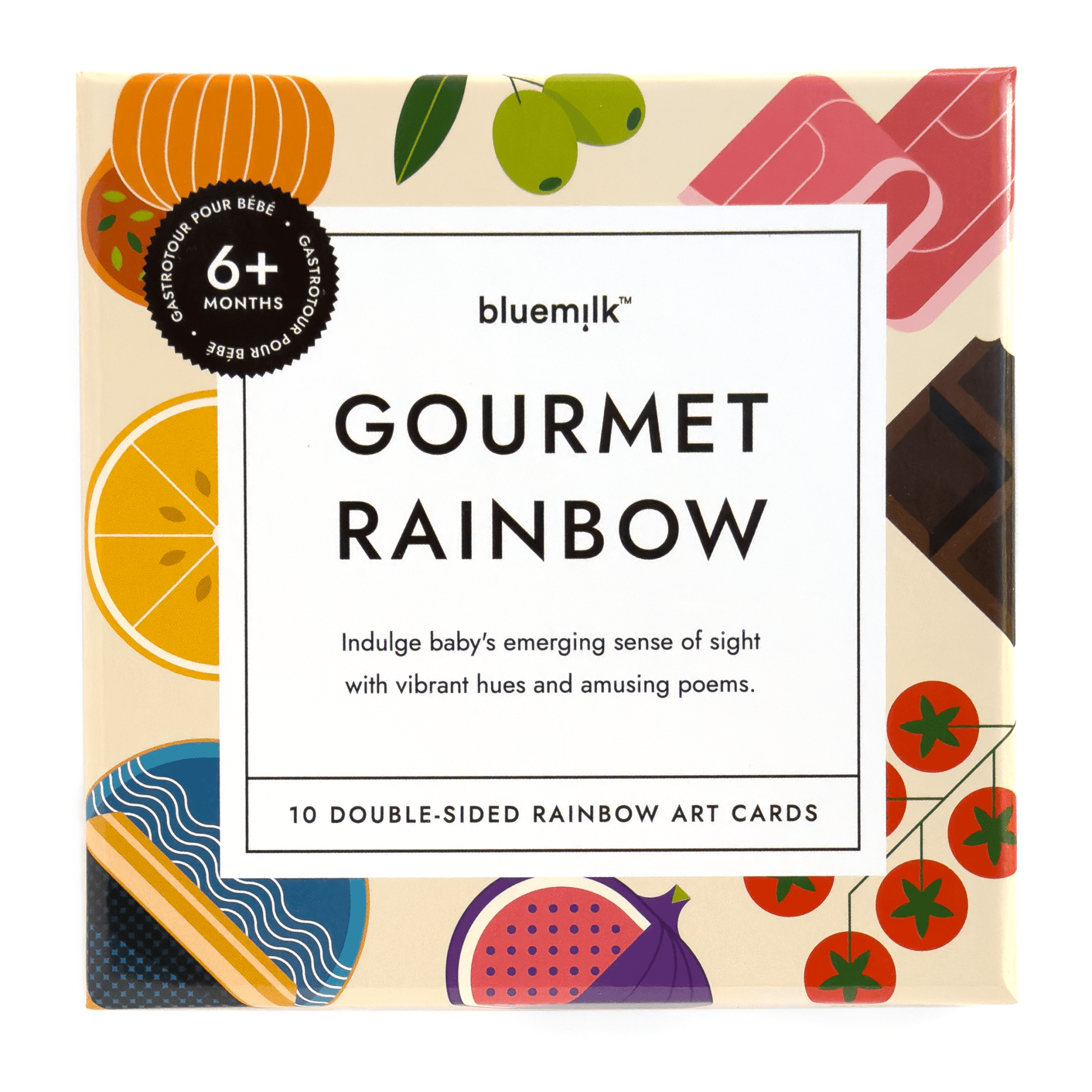 Chunky Deli product image: Cover of the "Gourmet for Rainbow" art cards box, featuring the title, product description, and peekaboo images of the illustrations inside. Laid flat on a white background.