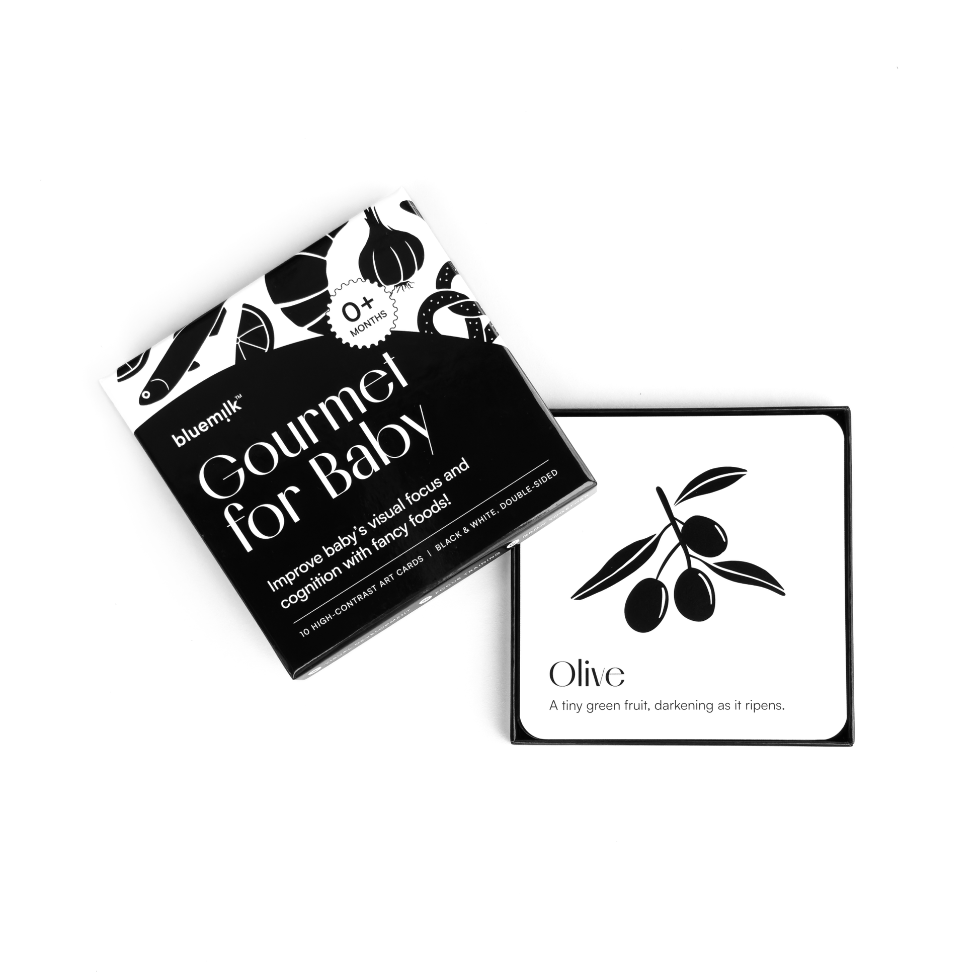 Chunky Deli product image: Open box of "Gourmet for Baby" black and white art cards, displaying an olive card, with the box top to the side, all on a white background.