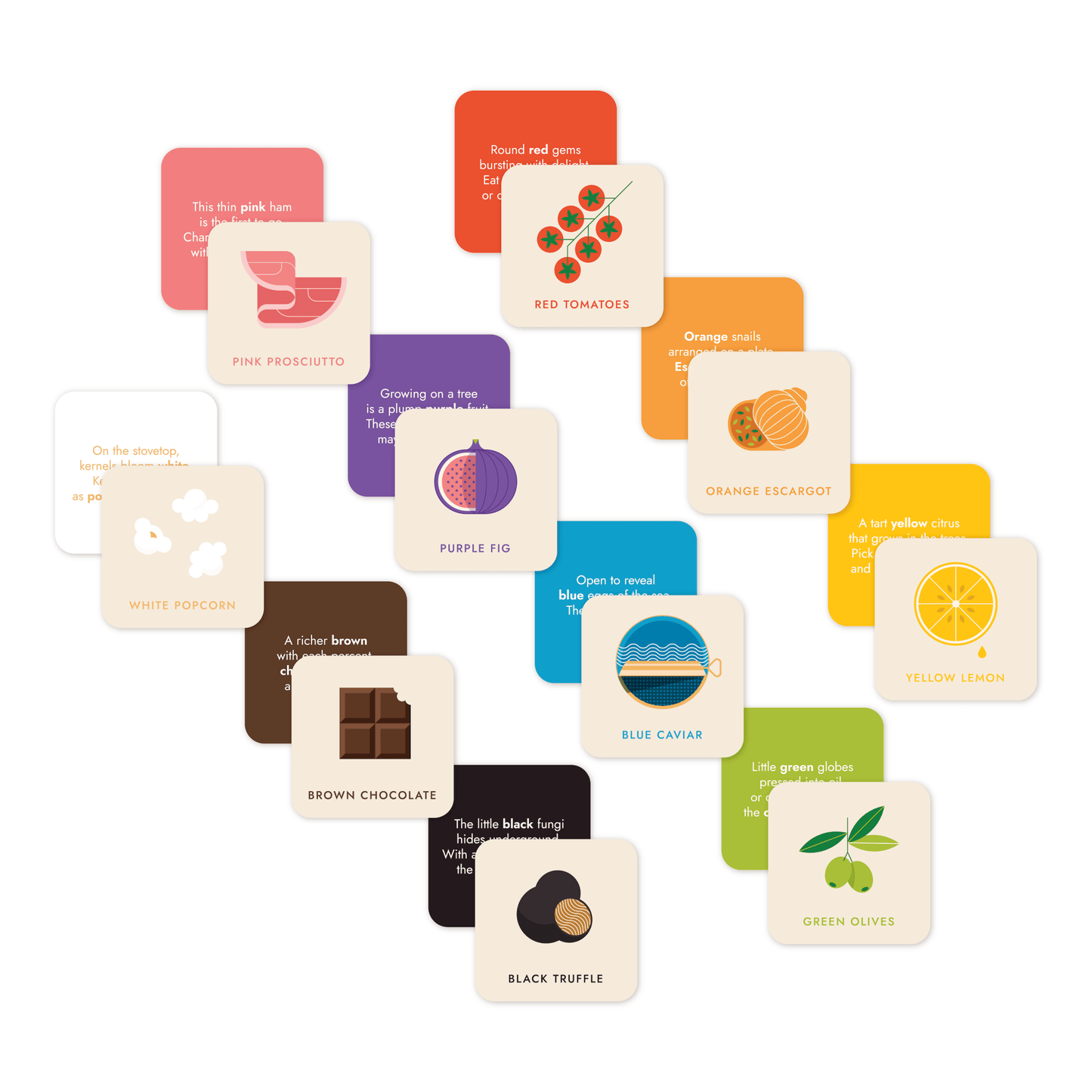 Chunky Deli product image: All cards from the "Gourmet for Rainbow" art card set spread out in a cascading rainbow organization on a white background, showcasing each card's illustration on one side and the corresponding full-bleed color with the rhyme on