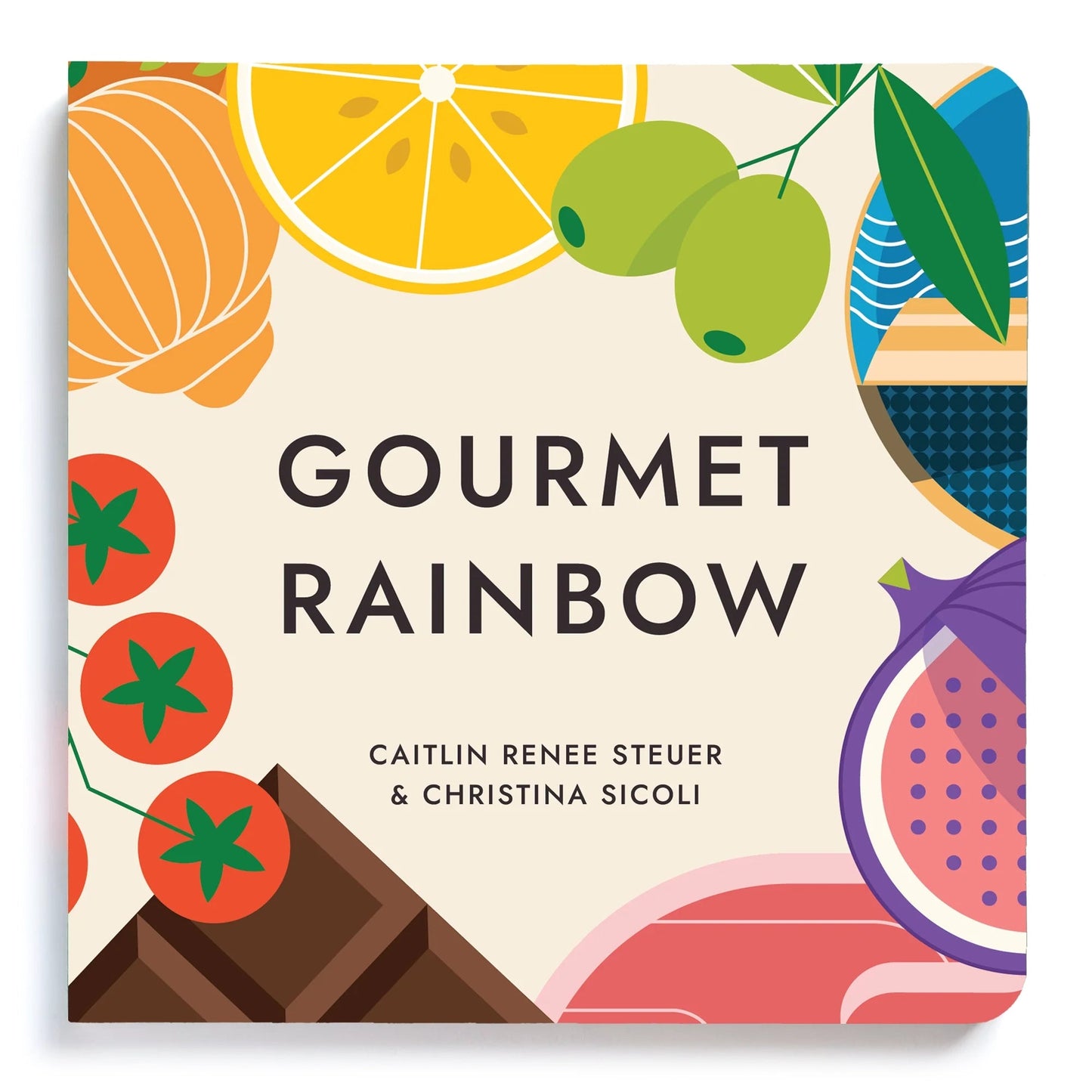 Cover of the "Gourmet Rainbow" board book featuring vibrant, rainbow-colored illustrations of gourmet foods against a white background. Chunky Deli product image.