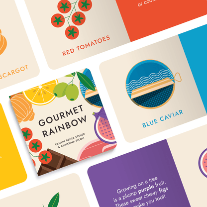 Grid image showcasing the cover and inner page spreads of the "Gourmet Rainbow" board book, providing a preview of the book's contents. Chunky Deli product display.