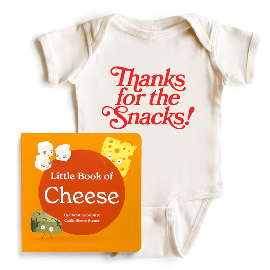 Chunky Deli product image: "Little Books Culinary Collection" box set (purple, with character illustrations) placed on top of a natural-colored "Thanks for the Snacks!" onesie (100% cotton).