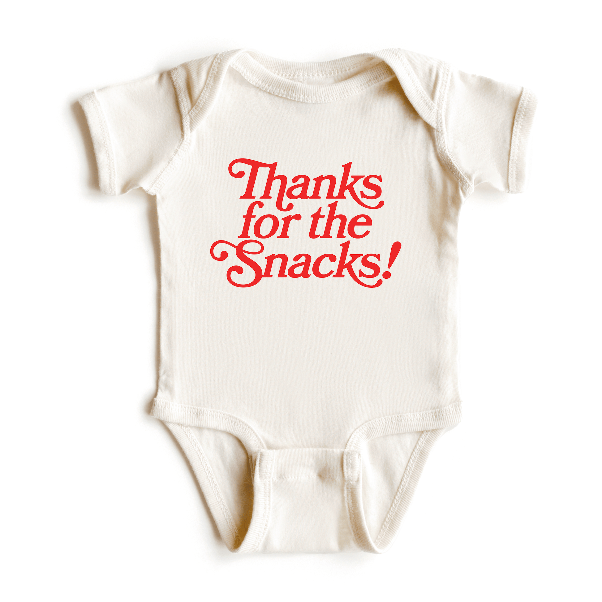 Chunky Deli product image: Natural-colored "Thanks for the Snacks!" onesie, 100% cotton with envelope shoulders and three-snap closure, laid flat on a white background.