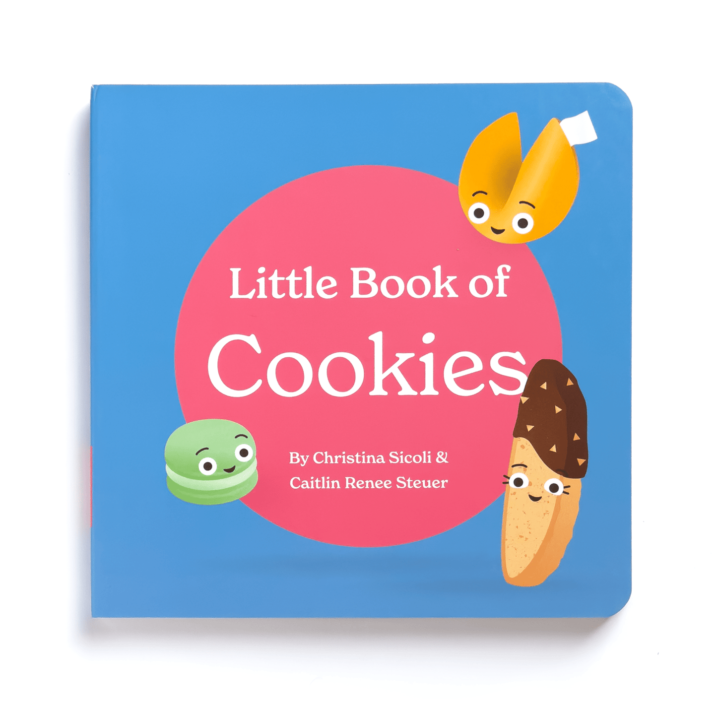 Chunky Deli product photo: The blue cover of "Little Book of Cookies" featuring a pink dot highlighting the title, surrounded by illustrations of a fortune cookie, biscotti, and macaron, laid flat on a white background.